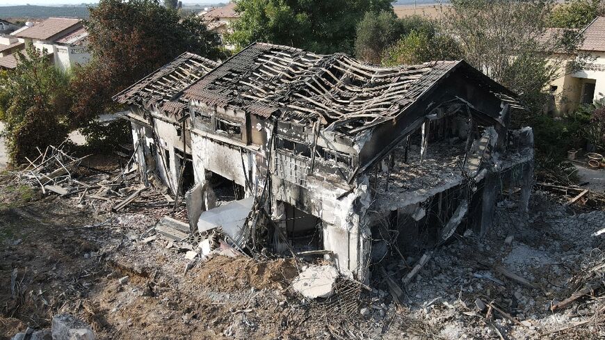 A damaged building in kibbutz Beeri near the border with Gaza in the aftermath of the October 7 Palestinian militant attack 