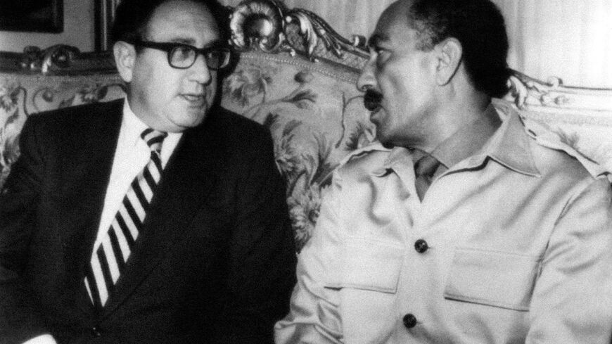 Then US secretary of state Henry Kissinger meets with Egypt's president Anwar Sadat on November 7, 1973 in Cairo