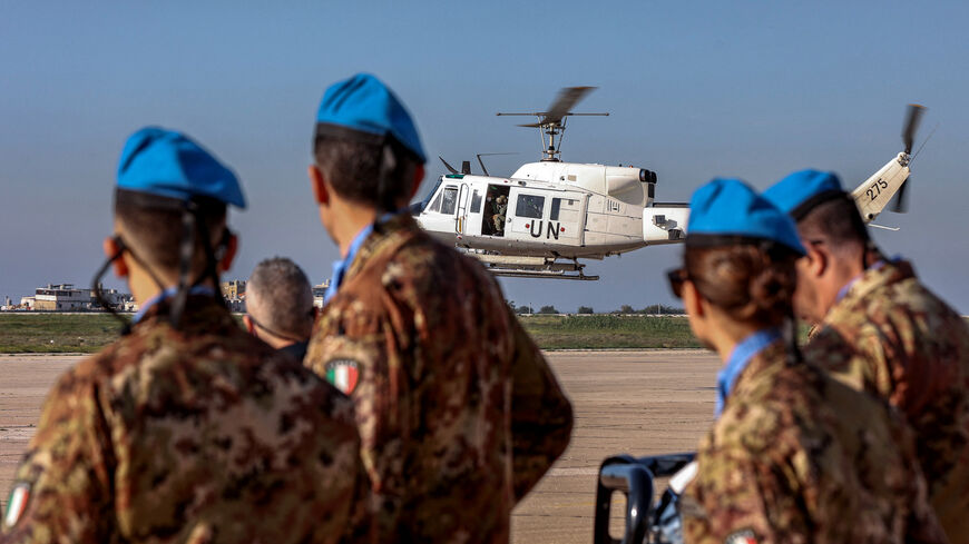 Peacekeepers of the United Nations Interim Force in Lebanon (UNIFIL) attend the repatriation ceremony for Irish soldier Sean Rooney who was killed on a UN patrol, at Beirut international airport on December 18, 2022. - The United Nations peacekeeping force in south Lebanon urged Beirut to ensure a "speedy" investigation into the fatal shooting of an Irish soldier this week. The convoy of the United Nations Interim Force in Lebanon (UNIFIL) came under fire near the village of Al-Aqbiya late on December 14, a