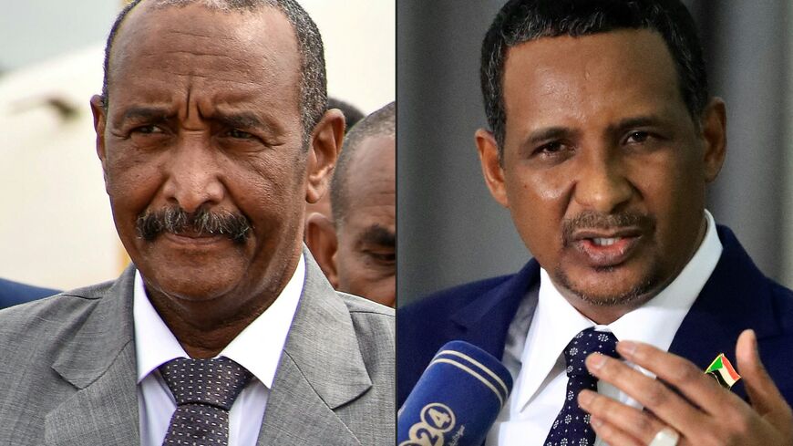 his combination of pictures created on April 18, 2023 shows Sudan's army chief, Lieutenant-General Abdel Fattah al-Burhan (L), in Juba on October, 14, 2019 and Mohamed Hamdan Daglo (R), who commands the paramilitary Rapid Support Forces (RSF), addressing the media upon his return from Russia at Khartoum airport on March 2, 2022. - Explosions rocked the Sudanese capital Khartoum on April 18, 2023 as fighting that has claimed nearly 200 lives entered a fourth day, despite growing (Photo by Akuot Chol and Ashr