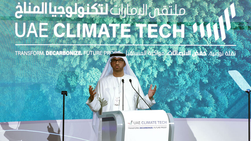Sultan Al Jaber, chief executive of the UAE's Abu Dhabi National Oil Company (ADNOC) and president of this year's COP28 climate, talks during the "UAE Climate Tech" conference in Abu Dhabi Energy centre on May 10, 2023. (Photo by Karim SAHIB / AFP) (Photo by KARIM SAHIB/AFP via Getty Images)