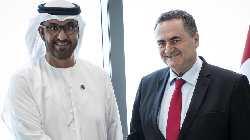 Energy Minister Israel Katz (R) meets UAE Minister of Industry and Advanced Technology Sultan Al Jaber in Abu Dhabi, Aug. 13, 2023.